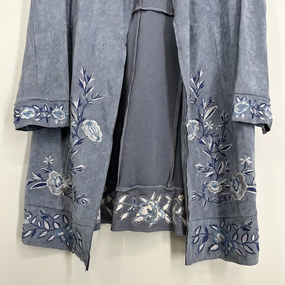 Curations Faux Suede Jacket M Floral Embroidered Open Front Long Boho Gray Blue - Picture 5 of 9